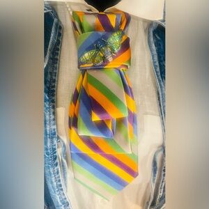 Colorful Striped Tie with Butterfly Pin
